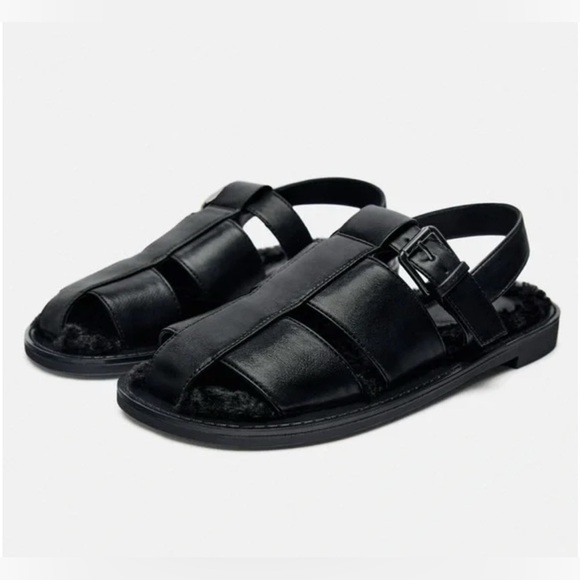 🆕Zara Black Faux Fur Lined Flat Cage Sandals 9/40🆕 - Picture 5 of 16
